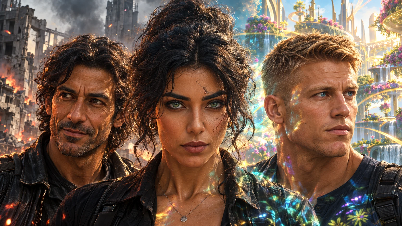 Three characters standing between a ruined city and a vivid future city